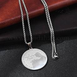201 Stainless Steel Flat Round with Boy Pendant Box Chain Necklaces for Women Men&nbsp;NJEW-R013-05P