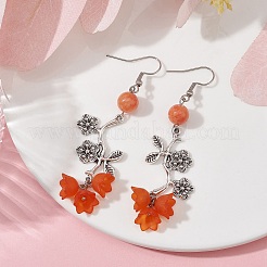 Natural Dyed Mashan Jade Flower with Acrylic Beaded Dangle Earrings&nbsp;EJEW-JE05419-01