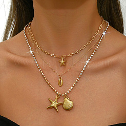 Boho Summber Beach Alloy Crystal Rhinestone Starfish Shell Shape Pendant 3 Layer Necklaces for Women&nbsp;WG7EBB2-01