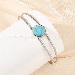 2Pcs 2 Colors Dyed Synthetic Turquoise Dome 304 Stainless Steel Hollow Open Cuff Bangle Sets&nbsp;BJEW-JB14400
