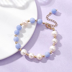 Natural Dyed Blue Lace Agate Beads & Cultured Freshwater Pearl Round Beaded Bracelets for Women&nbsp;BJEW-JB12708