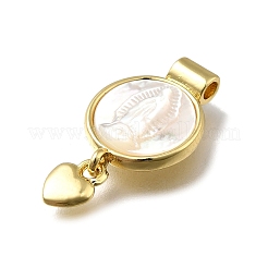 Brass Pave Natural White Shell Flat Round with Heart Pendants&nbsp;KK-C090-37G