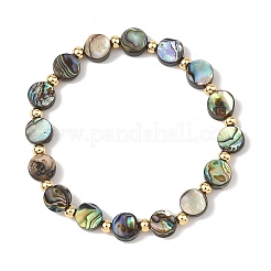 Natural Abalone Shell/Paua Shell Coin Beaded Stretch Bracelets with Round Brass Beads for Women&nbsp;BJEW-JB14169