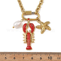 Ocean Brass Enamel Red Lobster Pendants 304 Stainless Steel Cable Chain Necklaces for Women&nbsp;NJEW-JN06483-01