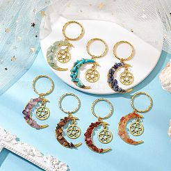 7Pcs 7 Styles Chakra Theme Moon & Star Alloy Gemstone Keychain&nbsp;KEYC-JKC00966