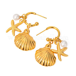 304 Stainless Steel Shell Shape with Starfish Dangle Stud Earrings&nbsp;QH4549