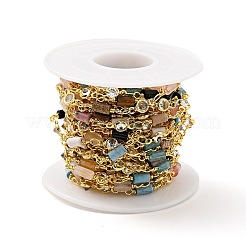 Natural Mixed Gemstone Column & Clear Cubic Zirconia Flat Round Link Chain&nbsp;CHC-G017-01G