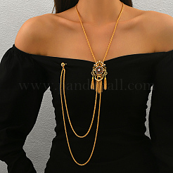 Vintage Gothic Style Brass Pave Cubic Zirconia Flower Long Tassel Lariat Necklace Brooch for Women&nbsp;GO0016-3