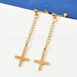 Christian Upside Down Cross 201 Stainless Steel Dangle Stud Earrings&nbsp;EJEW-P314-01B-G