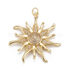 Brass Micro Pave Clear Cubic Zirconia Pendants, Cadmium Free & Lead Free, Long-Lasting Plated, Sun, Real 18K Gold Plated, 35x33x5mm, Hole: 4mm, Ring: 5x1mm