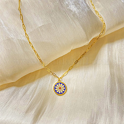303 Stainless Steel Enamel Flat Round with White Flower Pendant Necklaces for Women&nbsp;FS-WGC7F5D-01