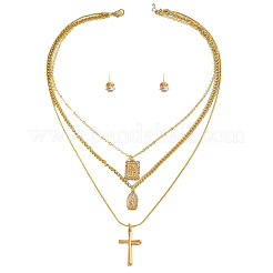 Brass Cubic Zirconia Stud Earrings & Three-layer Pendant Necklaces Sets&nbsp;FS-WG699DA-01