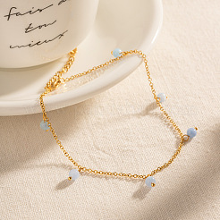 Natural Blue Stone Round Tassel 304 Stainless Steel Chain Anklets for Women&nbsp;FS-WG778EB-01