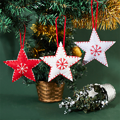 6Pcs 3 Colors Star with Snowflake Felt Fabric Pendant Decoration&nbsp;HJEW-CP0001-09