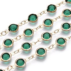 Medium Sea Green Faceted Glass Beaded Flat Round Link Chains&nbsp;KK-TAC0020-02G-RS