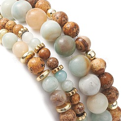 Natural Flower Amazonite & Picture Jasper Beaded Stretch Bracelets Sets with Non-Magnetic Synthetic Hematite&nbsp;BJEW-JB09280