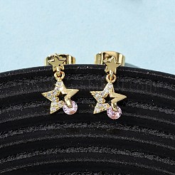 Brass Micro Pave Cubic Zirconia Star Dangle Stud Earrings&nbsp;EJEW-K267-22G
