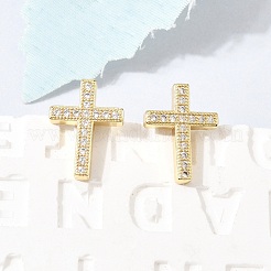 Cross Brass Micro Pave Clear Cubic Zirconia Stud Earrings&nbsp;EJEW-C186-18G-01