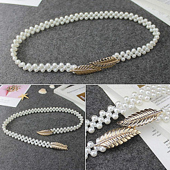 Leaf Alloy & Plastic Imitation Pearl Round Beaded Elastic Chain Belts for Dress&nbsp;FS-WG59949-01