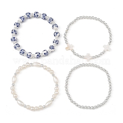 4Pcs 4 Styles Printed Porcelain Beads & Synthetic Hematite Beads & Shell Beads & ABS Plastic Pearl Stretch Bracelets Sets for Women&nbsp;BJEW-JB14203-01