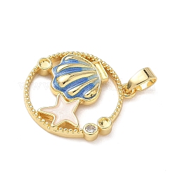 Flat Round with Shell Shape Brass Micro Pave  Clear Cubic Zirconia Pendant Cabochon Settings&nbsp;KK-P334-17G-01