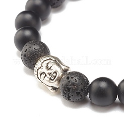 2Pcs 2 Color Natural Lava Rock & Synthetic Black Stone Stretch Bracelets Set with Buddha Head&nbsp;BJEW-JB07707