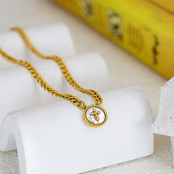 304 Stainless Steel & Natural White Shell Coin Pendant Curb Chain Necklaces for Women&nbsp;WG4C473-01