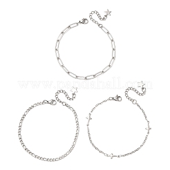3Pcs 3 Styles 304 Stainless Steel Figaro & Paperclip Chain Bracelets & Link Bracelets for Women&nbsp;BJEW-JB12432