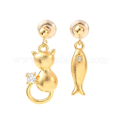 Cat Shape & Fish Brass Micro Pave Clear Cubic Zirconia Dangle Stud Earrings&nbsp;EJEW-F401-01G