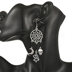 Halloween 304 Stainless Steel & Alloy & Glass Skull & Skeleton & Moon Dangle Earrings&nbsp;EJEW-TA00831