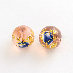 Flower Picture Transparent Glass Round Beads&nbsp;GFB-R004-14mm-M18