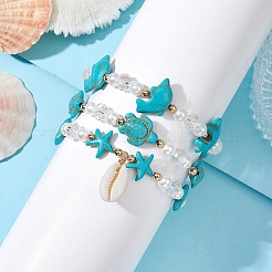3Pcs Synthetic Turquoise & Natural Cowrie Shell Charm Bracelet Sets&nbsp;BJEW-JB09868