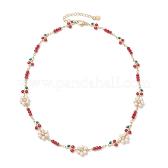 Natural Cultured Freshwater Pearl Beaded Flower and Brass Enamel Cherry Link Chain Necklaces&nbsp;NJEW-JN06292