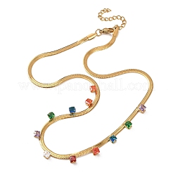 304 Stainless Steel Flat Snake Chain Necklaces with Square Cubic Zirconia&nbsp;NJEW-P355-02G-02