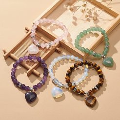 Gemstone Round Beaded Stretch Bracelet with Heart Charm for Women&nbsp;BJEW-JB09019