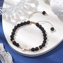 Adjustable 6mm Round Natural Lava Rock Braided Bead Bracelets&nbsp;BJEW-JB10615-01