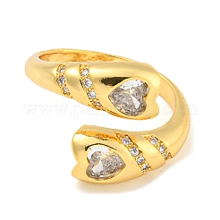 Brass Micro Pave Clear Cubic Zirconia Heart Open Cuff Rings for Women&nbsp;RJEW-L121-040G