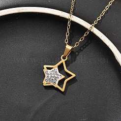 304 Stainless Steel Crystal Rhinestone Double Star Pendant Cable Chain Necklaces&nbsp;NJEW-Z056-02B-G