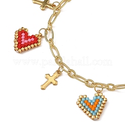 Brass Paperclip Chain Seed Bead Heart Charm Bracelets with 304 Stainless Steel Tiny Cross&nbsp;BJEW-MZ00354