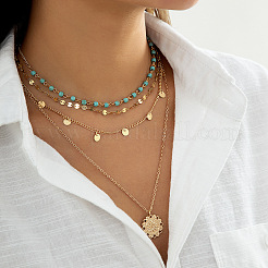 Flower Iron & Brass & Alloy & Synthetic Turquoise Pendant 3 Layer Necklaces&nbsp;FS-WG003DD-01