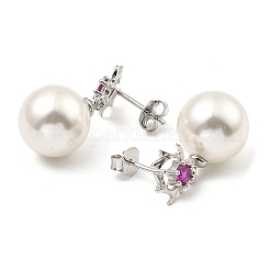 Shell Pearl Round Dangle Stud Earrings with Cubic Zirconia&nbsp;EJEW-Z024-05P