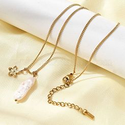 Natural Freshwater Keshi Pearl Stick & 304 Stainless Steel Flower Pendant Necklaces for Women&nbsp;NJEW-K255-55G