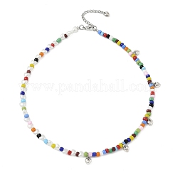Bohemian Round Glass Seed Beaded Necklaces with Antique Silver Tone Alloy Heart Charms&nbsp;NJEW-JN05216