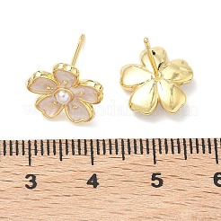 Flower Brass & ABS Plastic Pearl Stud Earrings&nbsp;EJEW-P336-07G-01