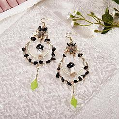 Natural Obsidian Chips Beaded Big Teardrop Dangle Earrings&nbsp;EJEW-SW00016-02