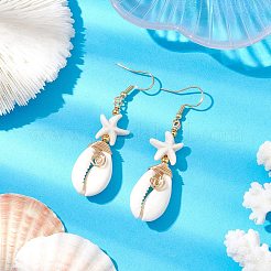 Starfish Brass with Synthetic Turquoise & Cowrie Shell Dangle Earrings&nbsp;EJEW-JE06141-02