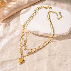 304 Stainless Steel & Plastic Pearl Pendant Double Layer Necklaces&nbsp;WG570D5-01