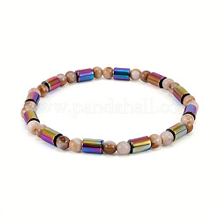Electroplated Rainbow Color Synthetic Non-magnetic Hematite Column & Camel Round Acrylic Beaded Stretch Anklets for Women&nbsp;FS-WG6D389-01