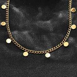 304 Stainless Steel Twisted Chain Necklaces with Disc Charm Tassel&nbsp;NJEW-R023-04G