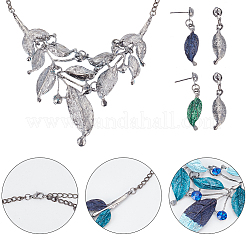 2 Sets 2 Colors Alloy Enamel Leaf Dangle Stud Earrings & Bib Necklace&nbsp;SJEW-AN0001-49